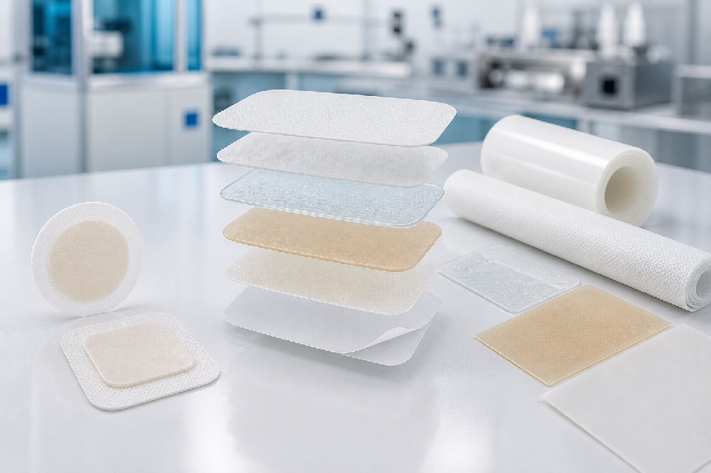 Adhesive health patch materials including backing film, nonwoven fabric, hydrocolloid, hydrogel, adhesive and release liner